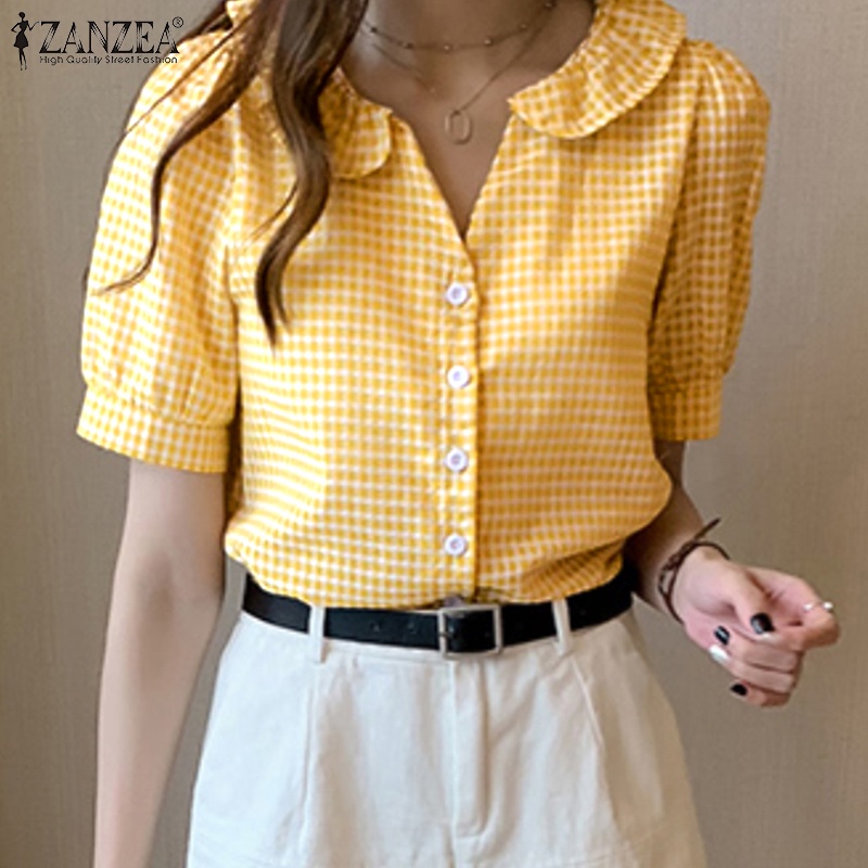 ZANZEA Áo Sơ Mi Tay Ngắn Cài Nút Họa Tiết Sọc Caro Thời Trang Cho Nữ