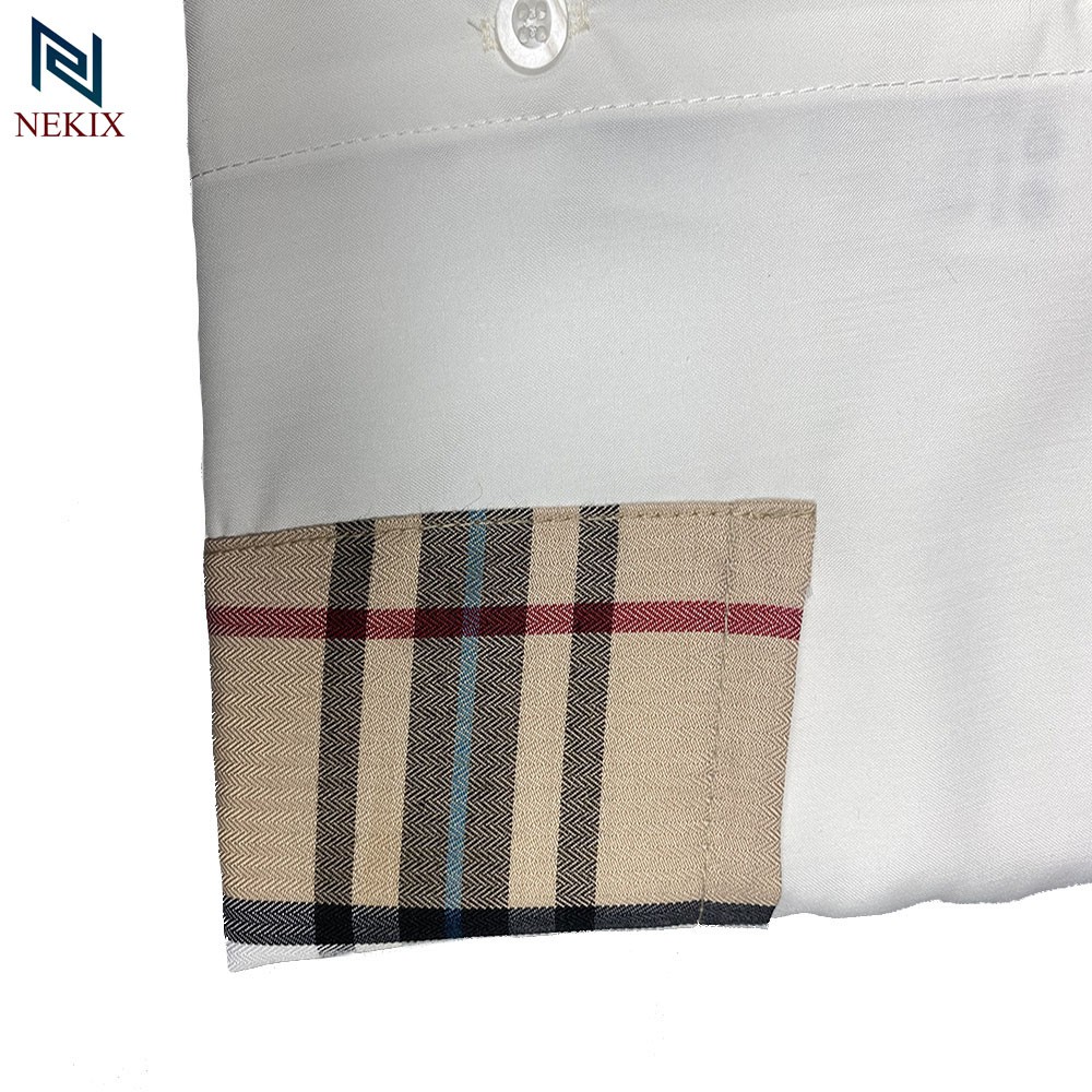 Áo Sơ Mi Nam Dài Tay Trắng Phối Kẻ Cổ Kẻ Tay Kẻ Túi Vải Lụa Trơn Form Body