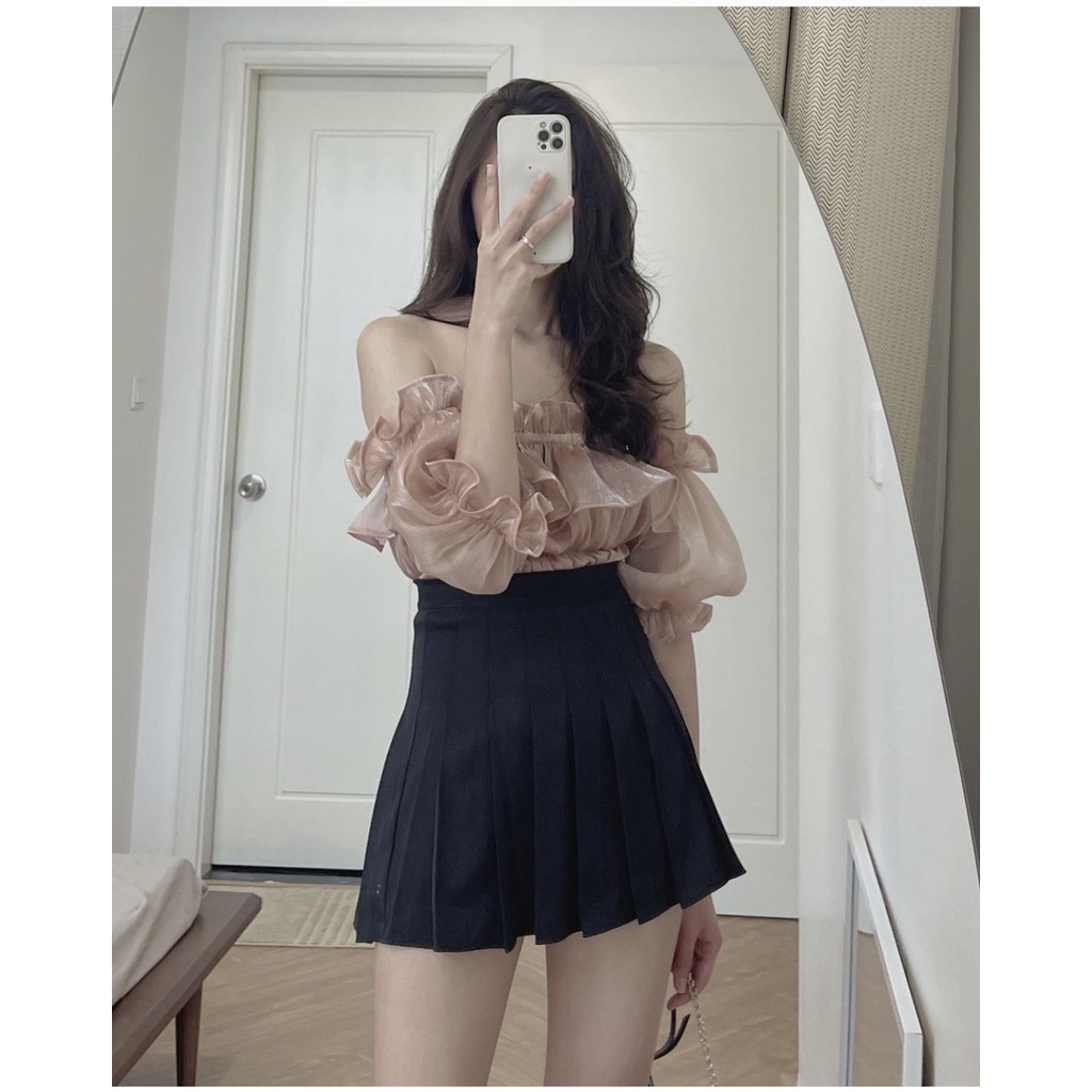 Áo trễ vai tay lỡ, áo croptop nữ trơn tay bồng vải tơ mềm 2 lớp bo chun 3 màu DASKI