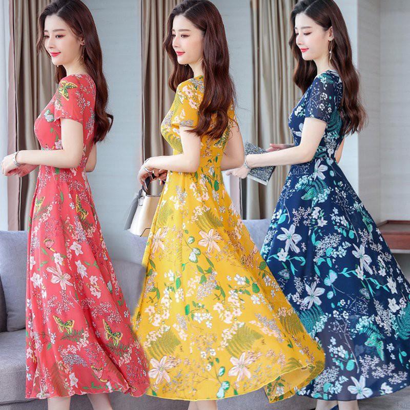 Đầm cổ tròn tay ngắn họa tiết hoa nhí phong cách thời trang Bohomian