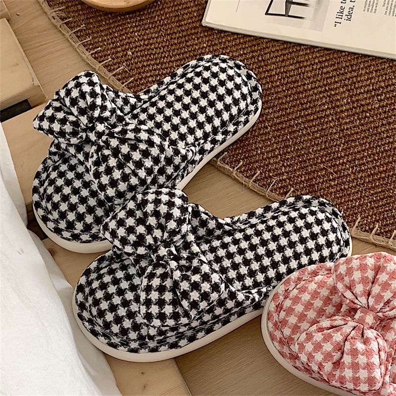 Oeteo Dép cotton Lanh Đi Trong Nhà Đế Dày Thắt Nơ Kẻ Sọc Cho Nữ