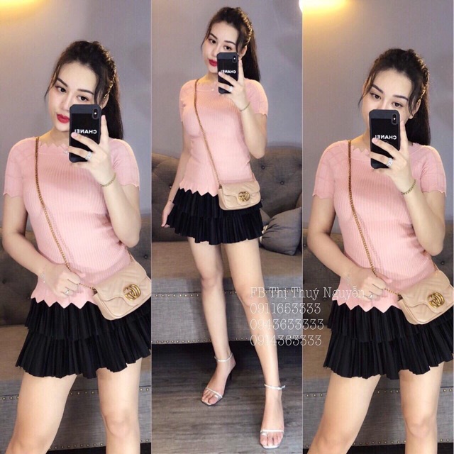 Áo len cổ viền hoa ngắn tay sọc tăm dáng ôm - NhiNhi Shop | BigBuy360 - bigbuy360.vn