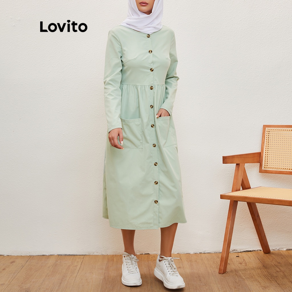 Lovito Đầm Tay Dài Cổ Chữ V Có Túi Màu Xanh Lá L20D2022-3-22