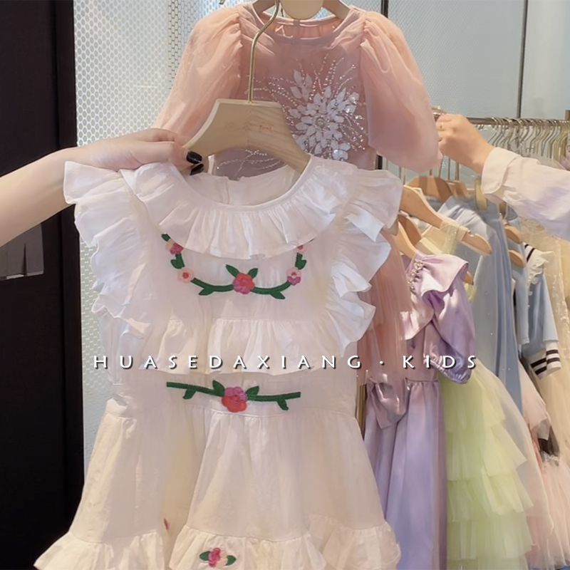 Đầm Dài Dáng Chữ A Thêu Họa Tiết Phong Cách Hàn Quốc Thời Trang Mùa Hè Xinh Xắn Cho Bé Gái