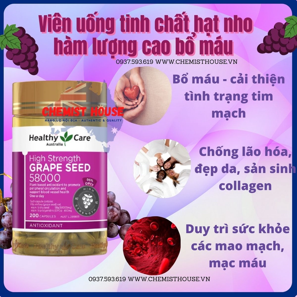 Viên uống tinh chất hạt nho hàm lượng cao bổ máu Healthy Care Grape Seed 58,000 mg