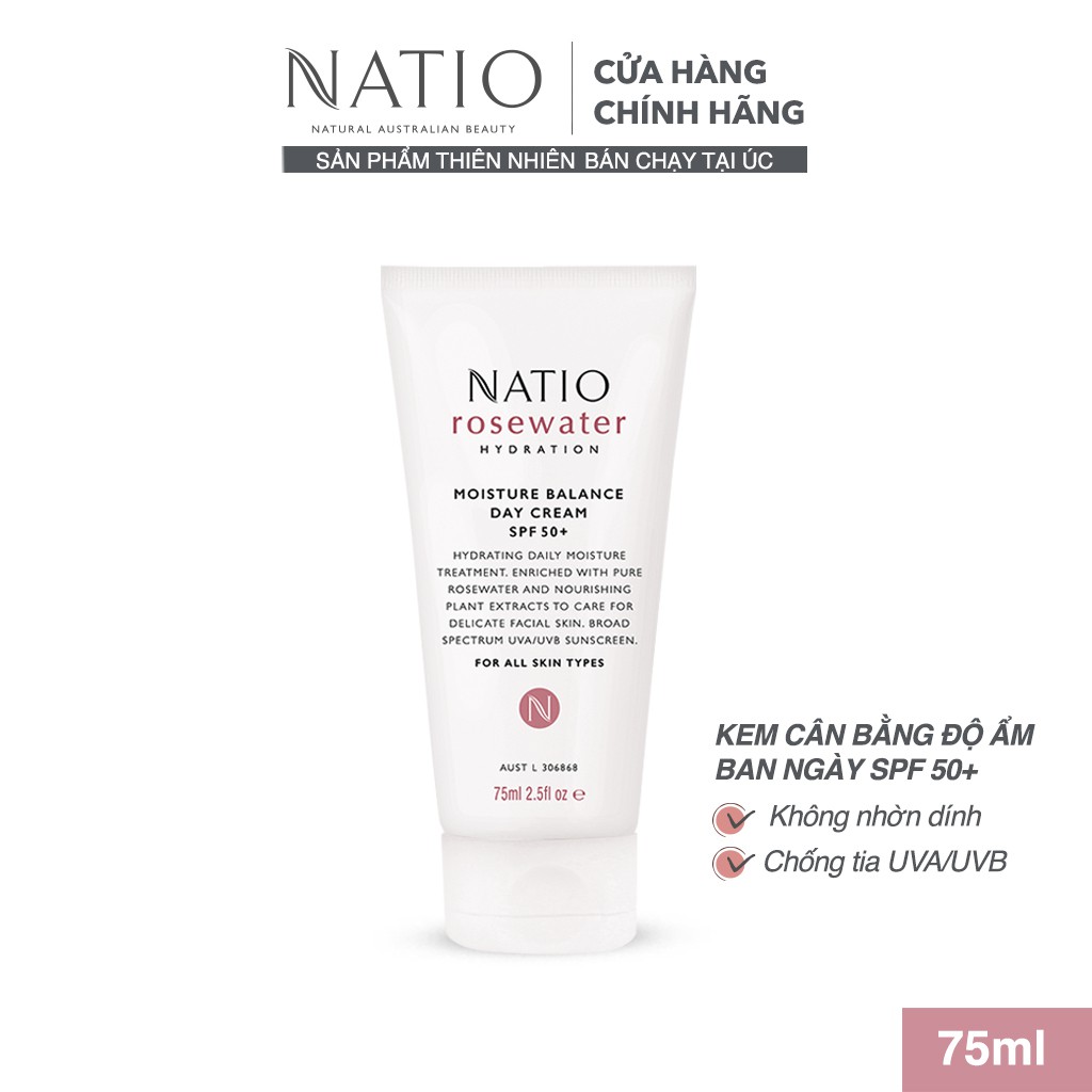 Kem Cân Bằng Độ Ẩm Da Ban Ngày Natio Rosewater Hydration Moisture Balance Day Cream SPF 50+ 75ml