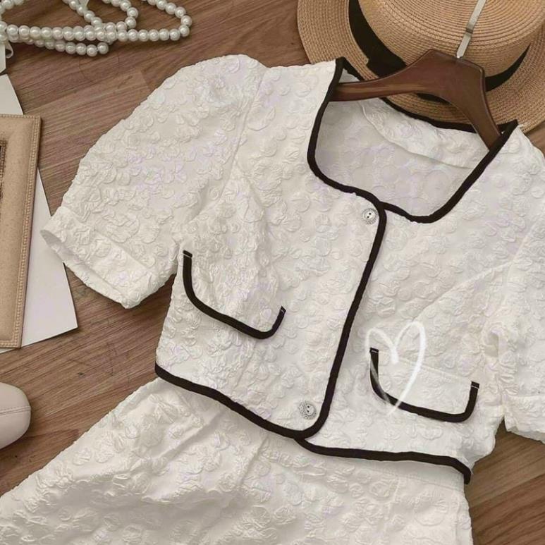 TTO Set váy nữ áo croptop trắng viền né đen phối chân váy xòe tiểu thư dự tiệc đám cưới nina lê