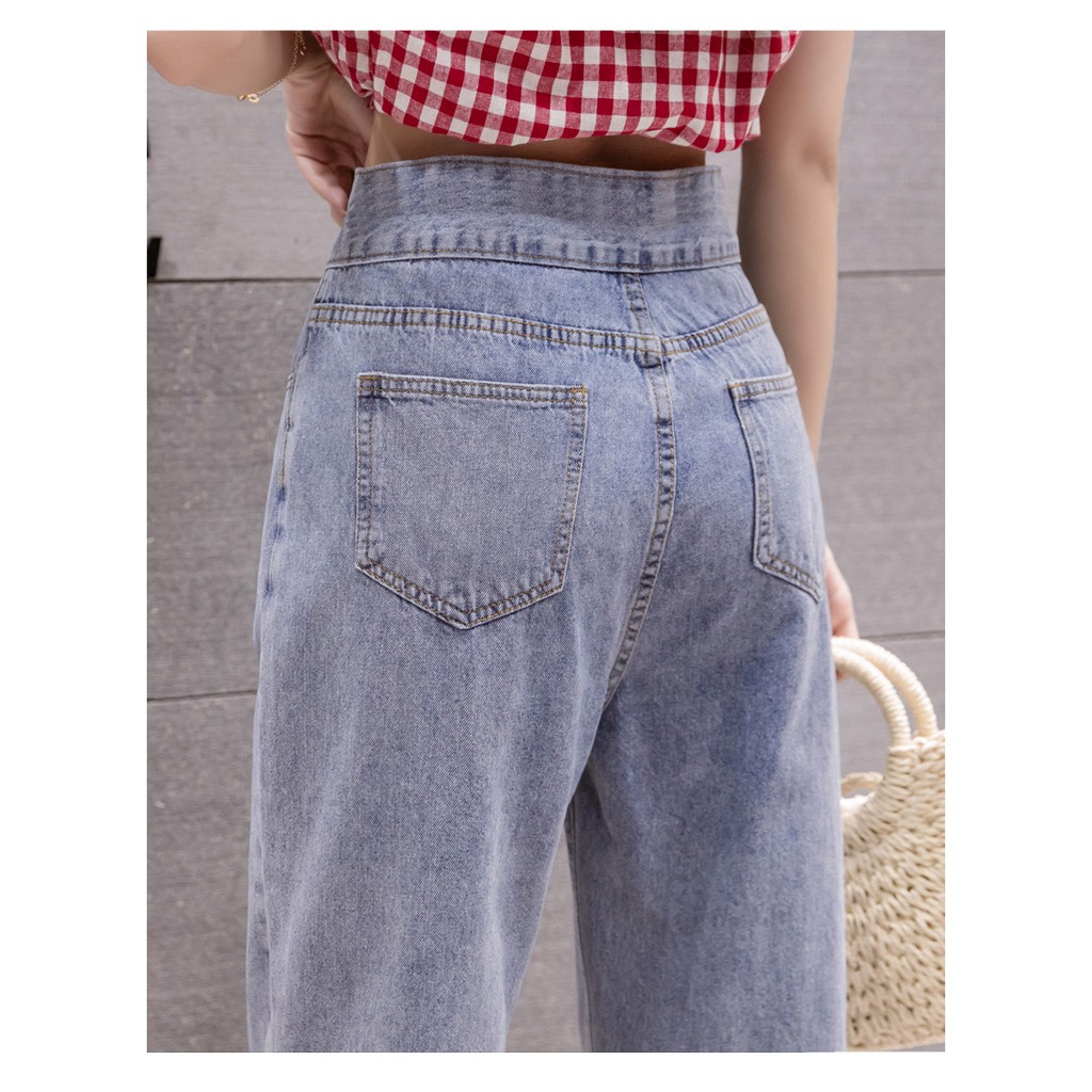QUẦN BAGGY JEAN NỮ KHOEN TAM GIÁC LƯNG CAO MÀU XANH NHẠT LAI CUỐN CAO CẤP UTI ĐỦ SIZE S, M, L CHẤT NHƯ NƯỚC CẤT