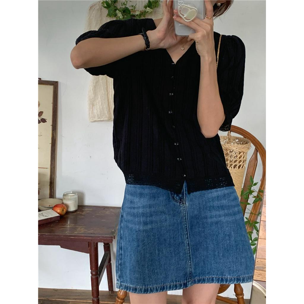 Áo Kiểu Tay Ngắn Cổ Chữ V Màu Trơn Phối Ren Phong Cách Hàn Quốc Có 2 Màu Sắc Lựa Chọn 53262