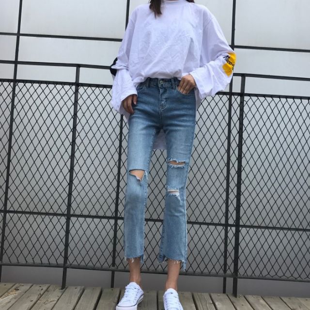 [Hàng có sẵn-Video thật]Quần bò, quần Jeans nữ ống loe lưng cao Ulzzang Quảng Châu QD29