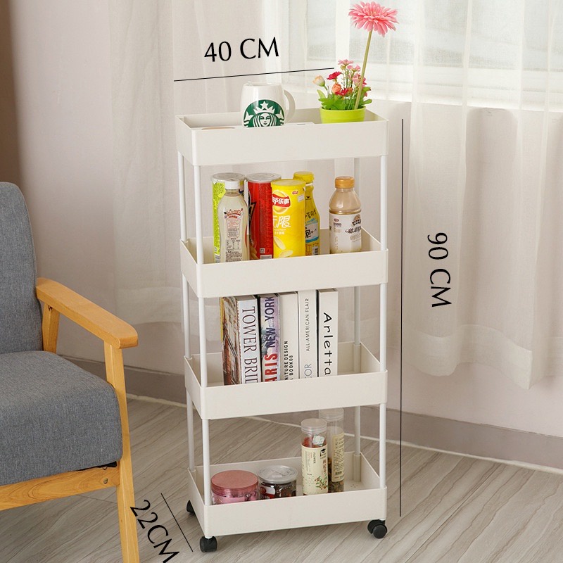 Kệ đựng đồ 4 tầng có bánh xe, giá để đồ 4 ngăn có bánh xe xoay 360 độ, xe để đồ 4 tầng