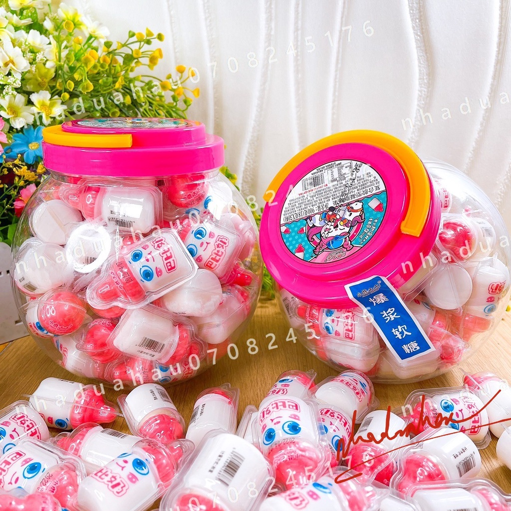 HOT-Hủ gồm 50 viên kẹo dẻo có nhân siro mứt dâu hình bình sữa dễ thương Deer Dada Hongkong viên to 18gam