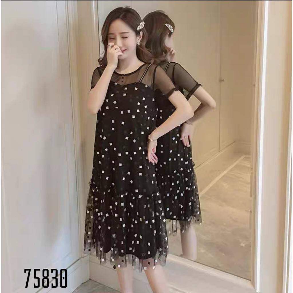 Đầm nữ dự tiệc suông chấm bi màu đen trẻ trung năng động