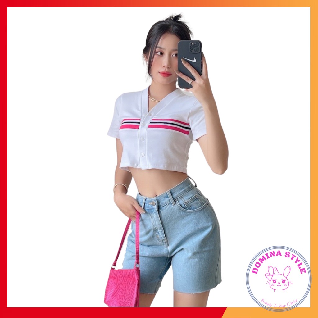 Áo croptop polo sọc ngang ngực kèm video thật domina182 | BigBuy360 - bigbuy360.vn
