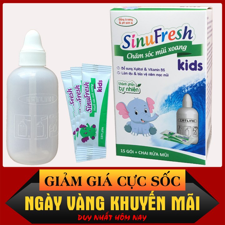 [FREE SHIP COMBO] Muối Rửa Mũi Xoang Cát Linh Mới SinuFresh Kids (Muối Rửa Mũi Xoang Trẻ Em) Hộp 15 Gói + 1 Chai 180 mL