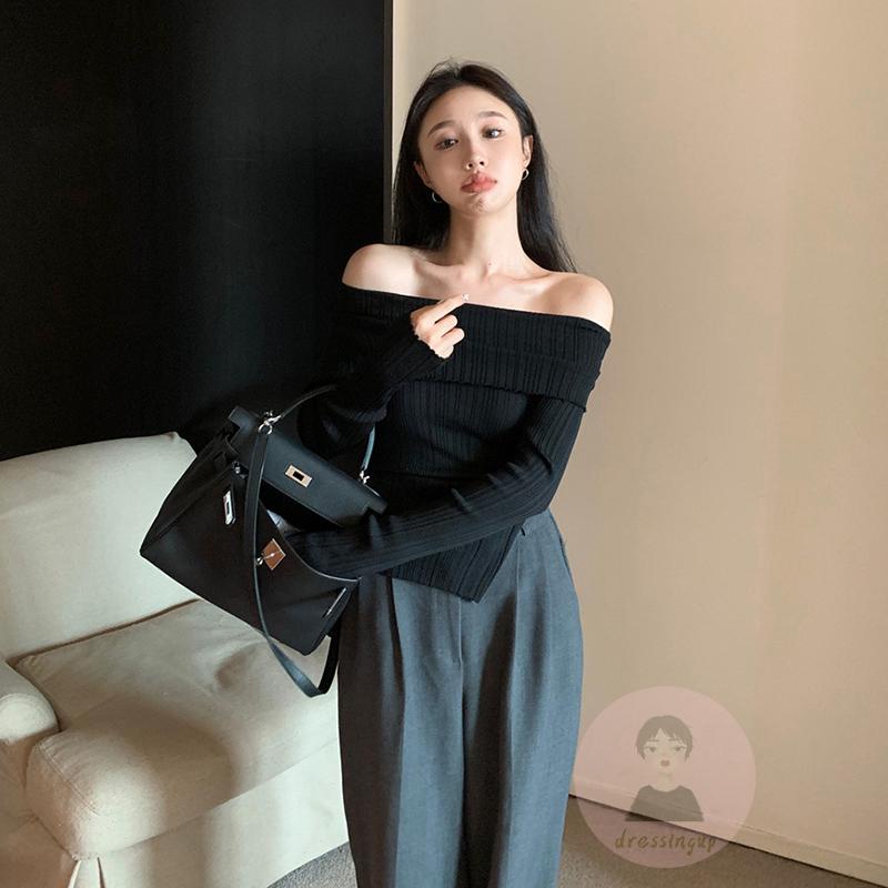 Áo Dệt Kim Nữ Tay Dài Hở Vai Màu Sắc Thanh Lịch