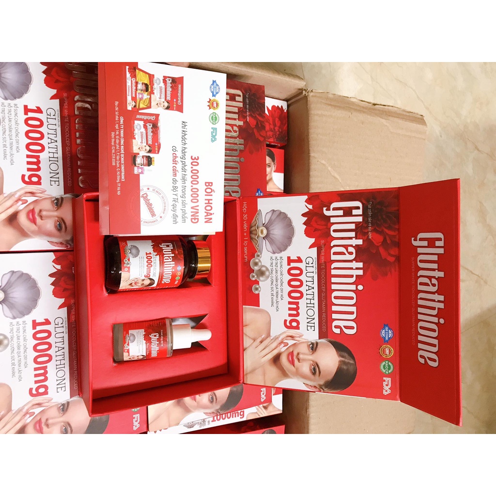 Serum Glutathione đỏ 1000mg chống oxy hoá, tăng cường sức đề kháng – ( Hộp 30 viên tặng 1 lọ Serum )