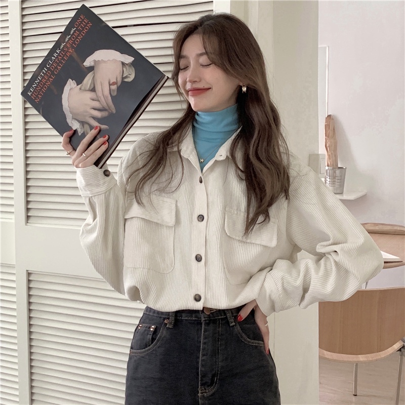 Áo sơ mi nhung kẻ tay dài dáng rộng phong cách retro 47230