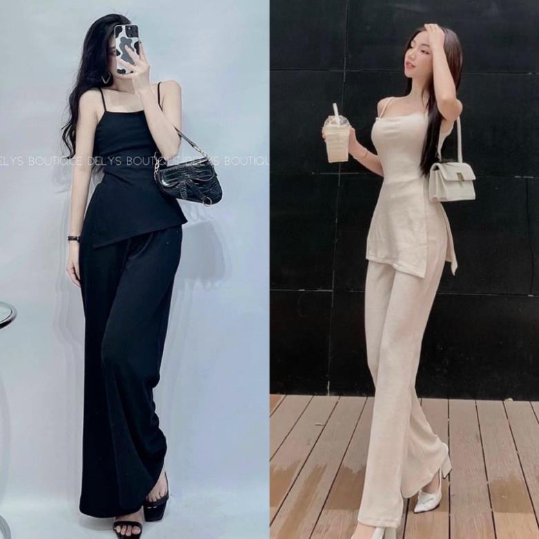 Set thun gân áo 2 dây ôm body kèm quần suông dài ống loe đen/kem nude, bộ hot girl sang trọng/chảnh quý phái tôn dáng
