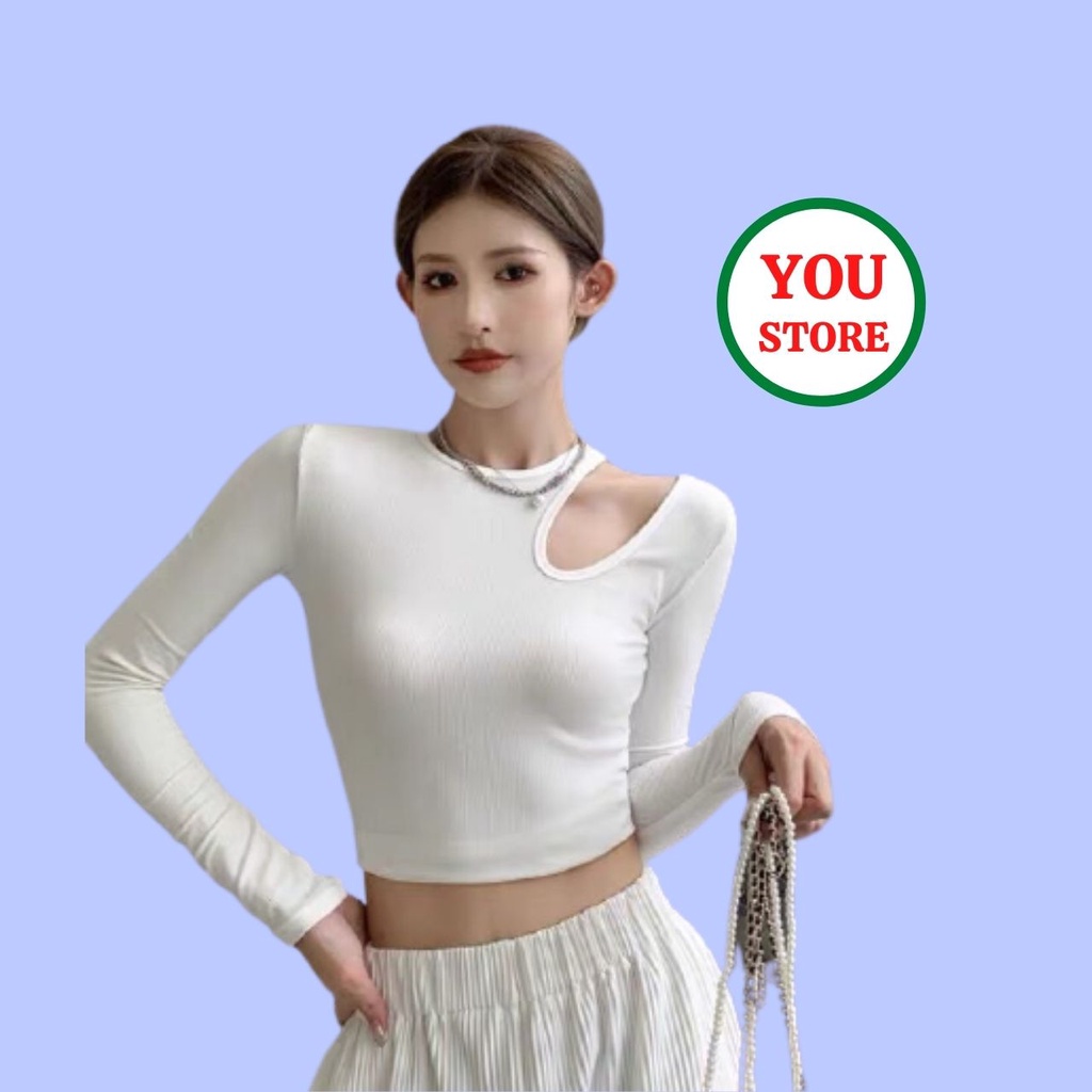 Áo Croptop Dài Tay Khoét 1 Bên Vai 2 Màu Đen Trắng Ôm Body Gợi Cảm Mã 674 You Store