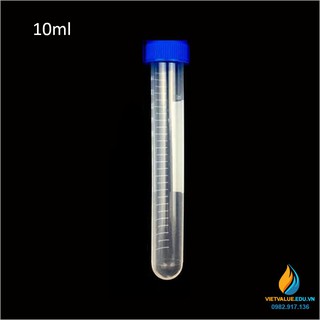 Túi 100 ống ly tâm khử trùng 10ml, đáy tròn, vạch chia, nắp xoáy