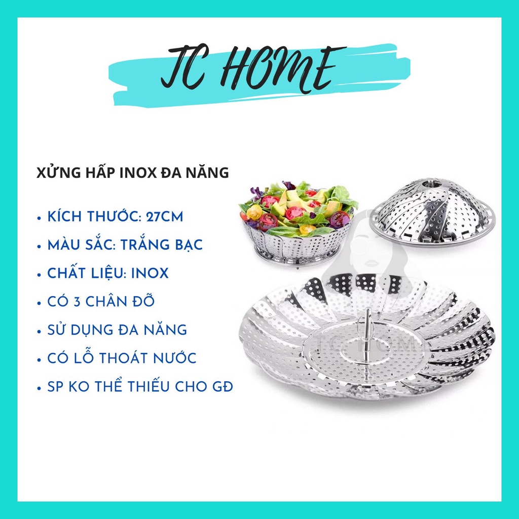 (HCM) Xửng/vỉ hấp inox đa năng size 27cm gồm 3 chân xếp gọn tiện lợi, tiết kiệm không gian bếp