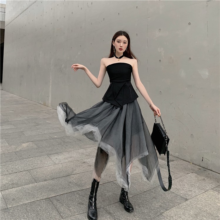 (Sẵn L) M64 - Set váy lưới 2 màu Ulzzang phối áo đen cúp ngực vạt chéo cực cool