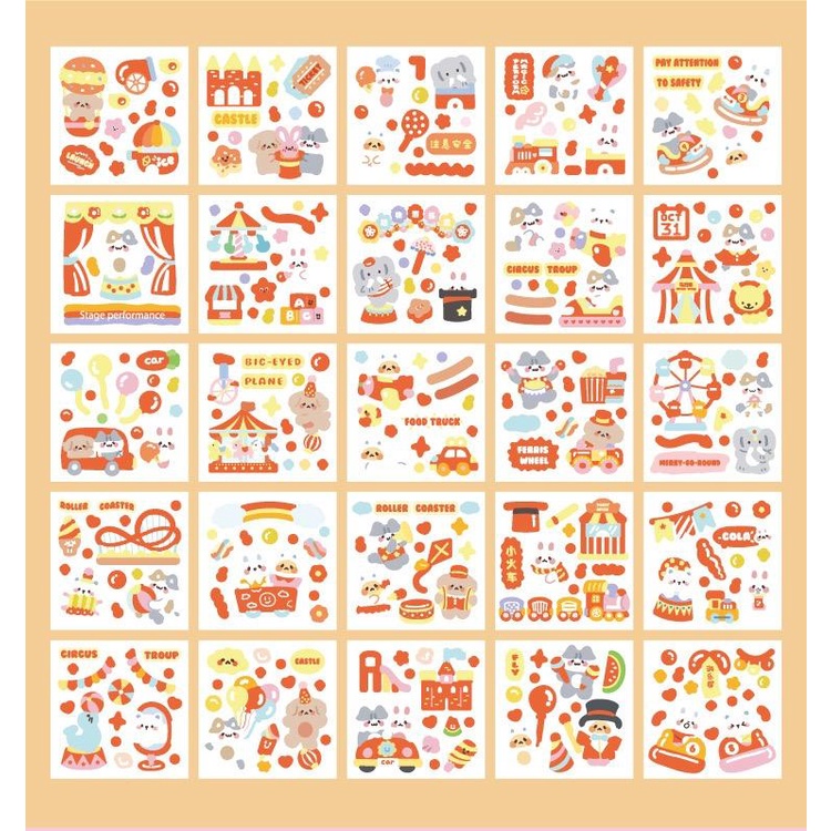 Set 100 tấm sticker/nhãn dán chủ đề CÔNG VIÊN RẠP XIẾC CAM chất liệu PET PVC chống thấm nước