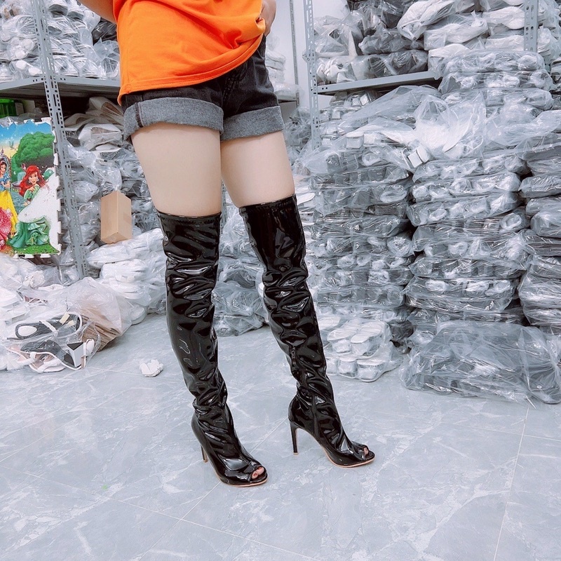 Bán Sỉ-Boot đùi da bóng gót nhọn LALISA hở mũi gót nhọn 10cm sang chảnh