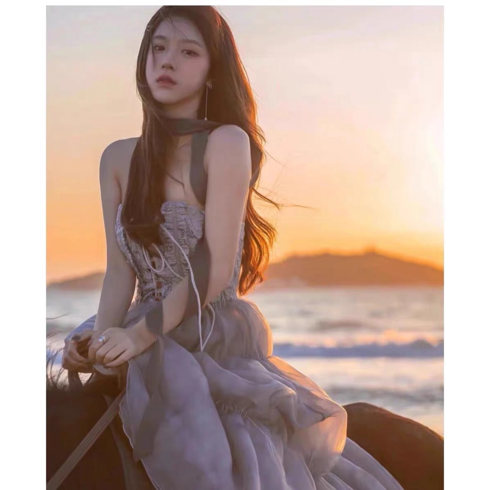 Đầm dây rút ngực váy phồng tầng 2 lớp voan màu xanh xám thanh lịch độc đáo Dayu