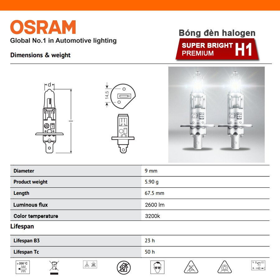 [Mã BMBAU50 giảm 10% đơn 99k] Bóng Đèn Halogen OSRAM Super Bright Premium H1 12V 100W Nhập Khẩu Chính Hãng