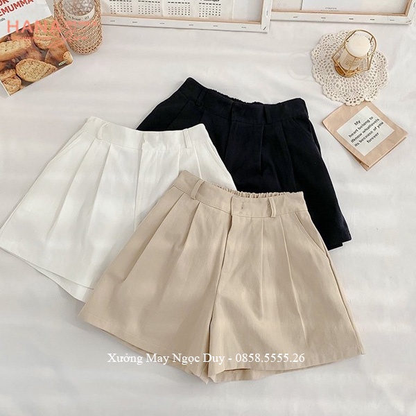 Quần Short Nữ Ống Rộng Khóa Thật Dáng Quần Đùi Vải Đũi Nữ Giả Váy Xòe Lưng Chun Thun Khuy Cài Mặc Đi Biển Chơi Ở Nhà Ngủ