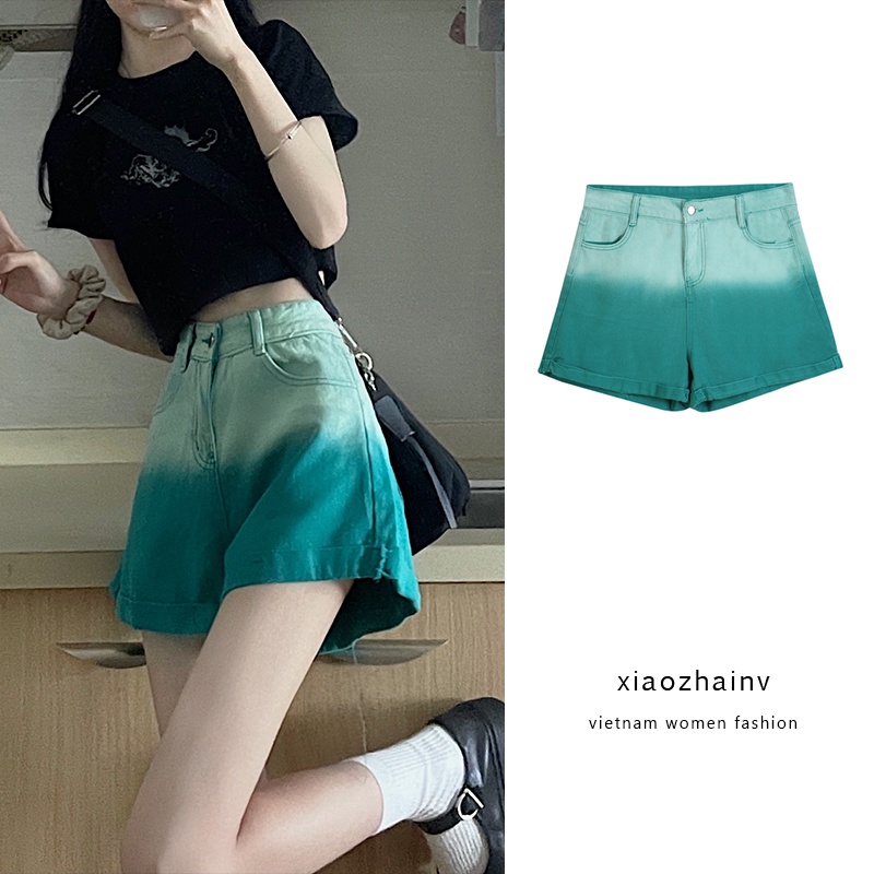 Xiaozhainv Quần Đùi Denim Lưng Cao Ống Rộng Màu Gradient Cá Tính Phong Cách Hàn Quốc Sành Điệu Cho Nữ Với Size S-4Xl