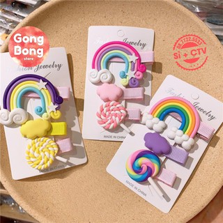 Set 3 kẹp tóc, cặp tóc hình cầu vồng, kẹo mút xinh xắn cho bé