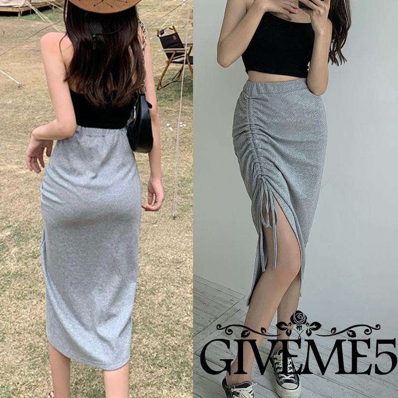 GIVEME-Women High Waist Skirt, Adults Summer Ruched Solid Color Slit Drawstring Skirt (Black, Gray)