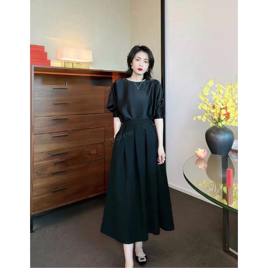 Set mix áo sơ mi lụa kết hợp chân váy kaki chéo hàn công sở, đi chơi, dự tiệc thanh lịch và sang trọng KANDY S29