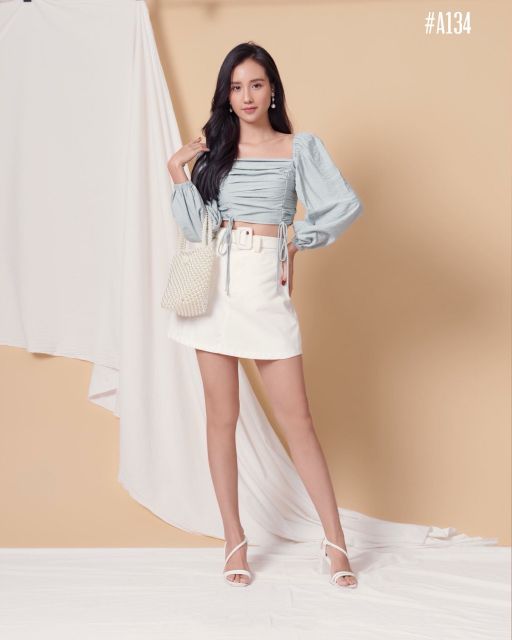 Áo crop xếp li tay dài (có ảnh thật)