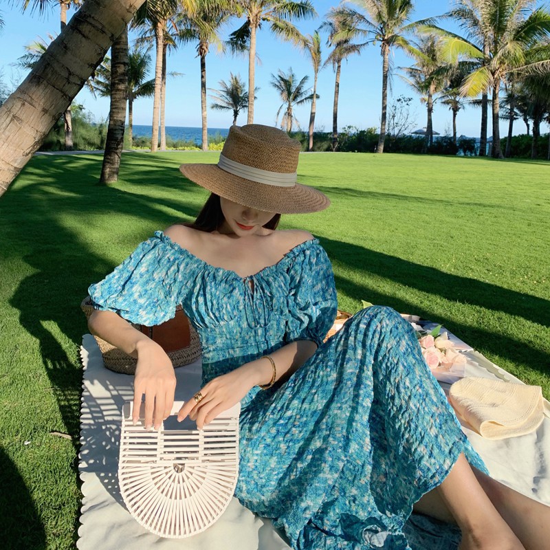 Đầm dài trễ vai hoa xanh cực xinh - Hàng Quảng Châu cao cấp - Ngân Dali | BigBuy360 - bigbuy360.vn