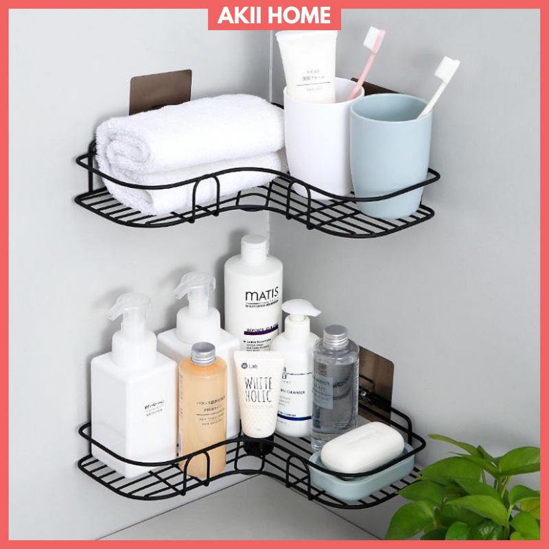 Kệ Sắt Dán Tường Để Đồ Nhà Tắm, Kệ Góc Tường Kèm Miếng Dán Siêu Dính Akii Home(MK4)