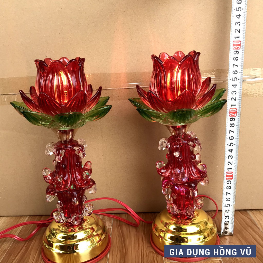 Đôi đèn thờ thủy tinh 30CM 3 lớp cao cấp Kèm 2 bóng LED - HUSO