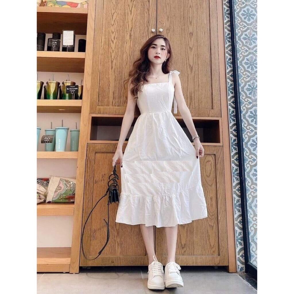 Váy Trắng Đuôi Cá Phối Nơ PEONYB Nữ [FREESHIP] 🌸 Đầm dự tiệc babydoll dáng xòe 3 tầng, 2 dây bánh bèo tiểu thư Ulzzang 🌸 | BigBuy360 - bigbuy360.vn