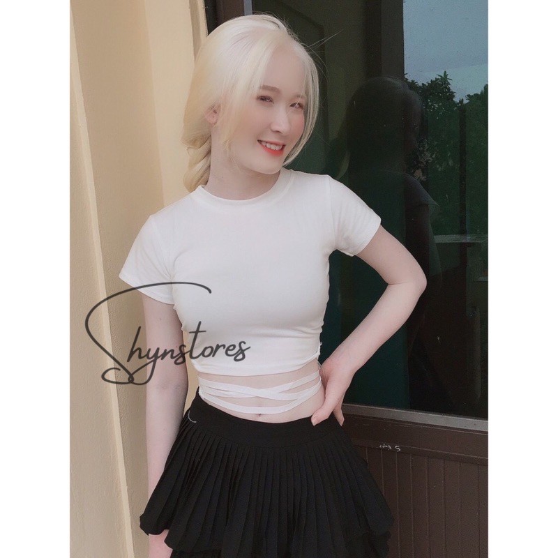 Hot Áo crotop ngắn tay cổ tròn đan dây bụng shynstores xuất khẩu