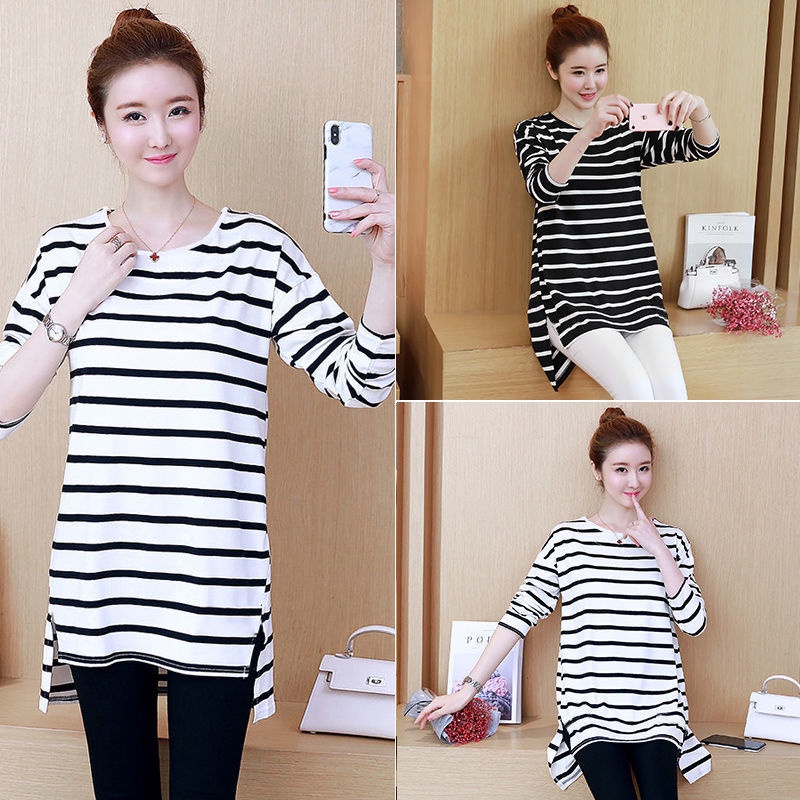 Áo Thun Tay Dài Kẻ Sọc Plus Size Thời Trang Thu Đông Cho Nữ Trung Niên