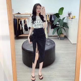 Sét áo phông in nhiệt kèm chân váy rúm lệch, chân váy và áo phông hot hit