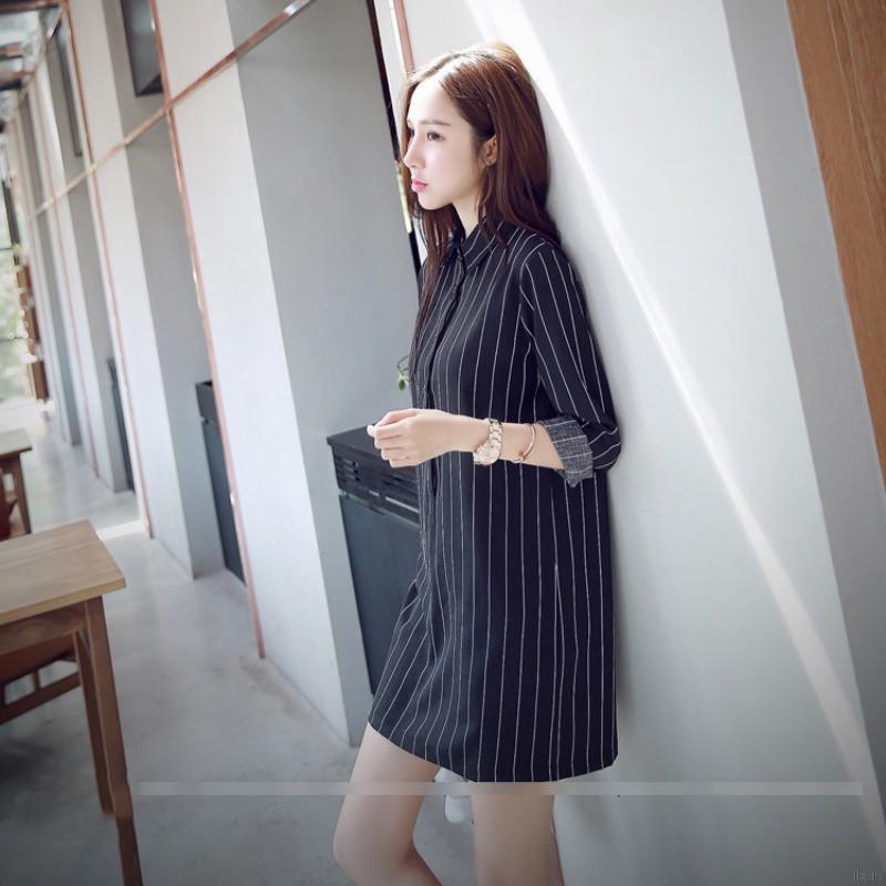 Đầm Mini Nữ Kẻ Sọc Tay Dài Cổ Bẻ Thanh Lịch đầm hoa váy hoa nhí
