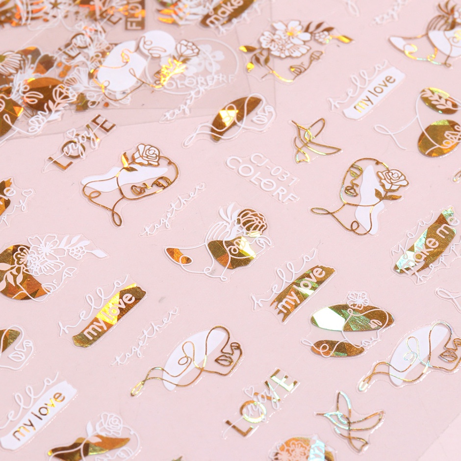 1 Tấm Sticker / Miếng Dán Trang Trí Móng Tay Họa Tiết Hình Học 3D Màu Vàng Trắng