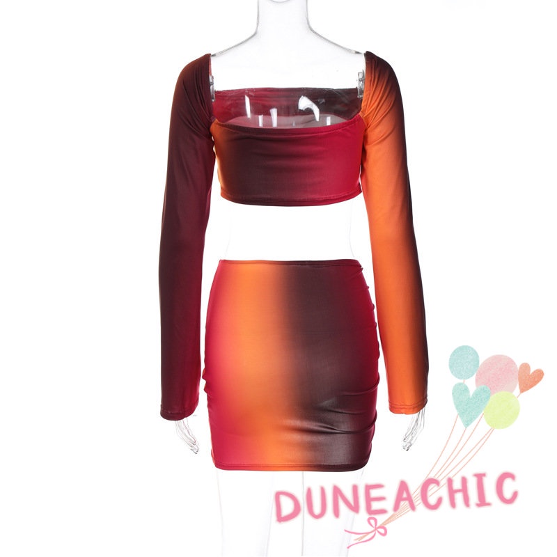 Set Áo Thun Lửng Tay Dài Nhuộm Màu Phối Chân Váy Xếp Ly Lưng Cao Thời Trang 2 Món Phong Cách Trẻ Trung Cho Nữ