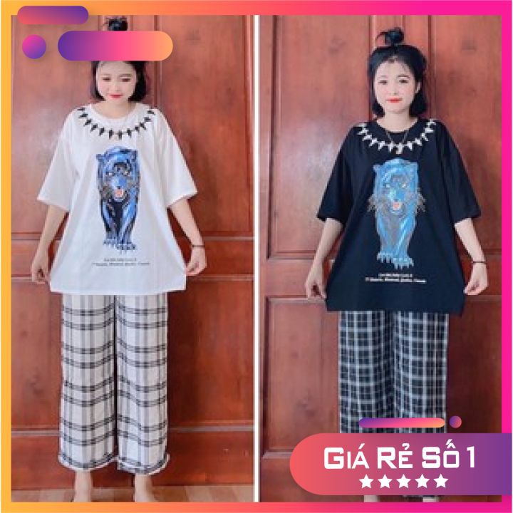 [Rẻ Vô Địch] Sét Bộ Áo Phông In Hình Quần Culottes Kẻ Ống Rộng 🦋FREESHIP🦋 Set Áo Thun Cộc Tay In Hình Hổ Kèm Quần Dài Kẻ