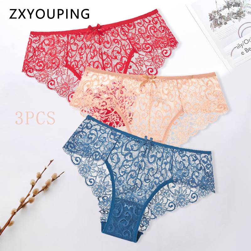 Set 3 quần lót zxyouping vải ren lưới trong suốt không đường may lưng thấp size S-XL thời trang cho nữ