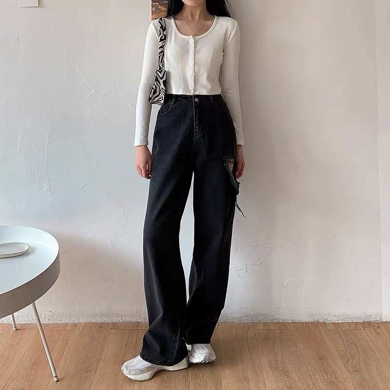 QUẦN JEAN ỐNG RỘNG NỮ LƯNG CAO RÁCH L TO ĐÙI TRÁI CAO CẤP NITIQC ĐỦ SIZE S, M, L LAI CUỐN ĐẲNG CẤP, THỜI TRANG